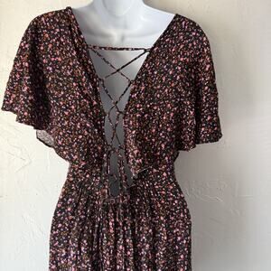 Free People Dress Medium Floral Smocked Waist Flutter Sleeve Cottage Festival
